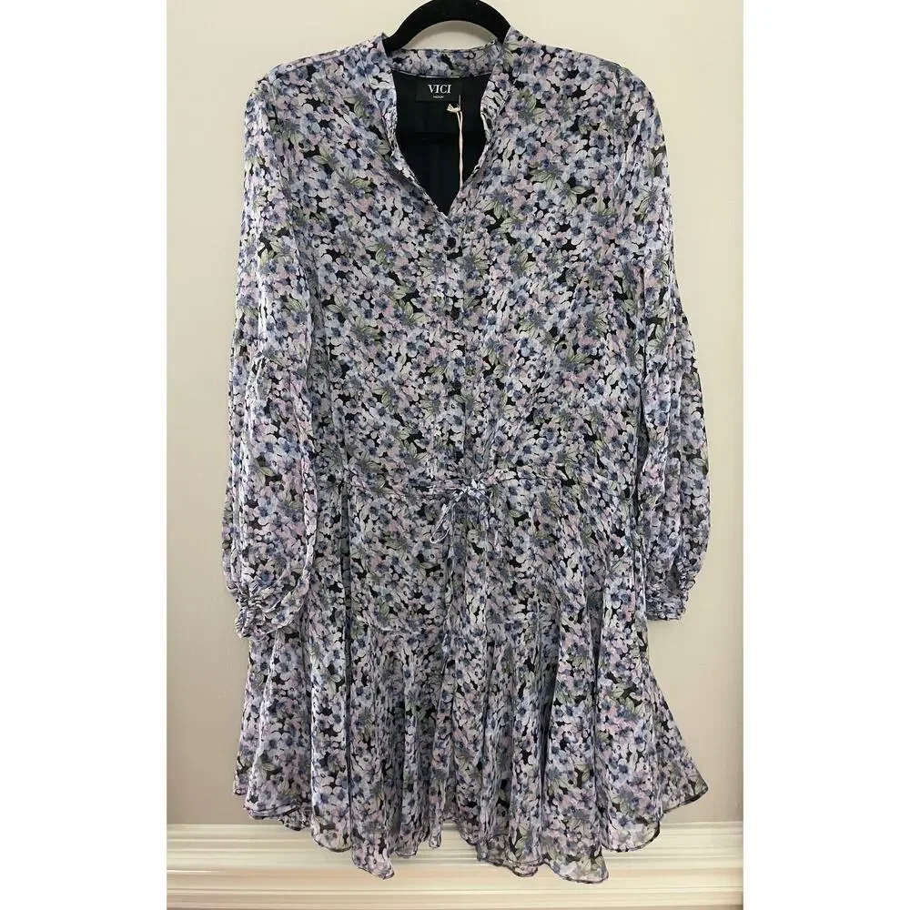 NWT VICI Francine Feminine Floral Modern Tie Waist Balloon Sleeve Dress M - Picture 2 of 15